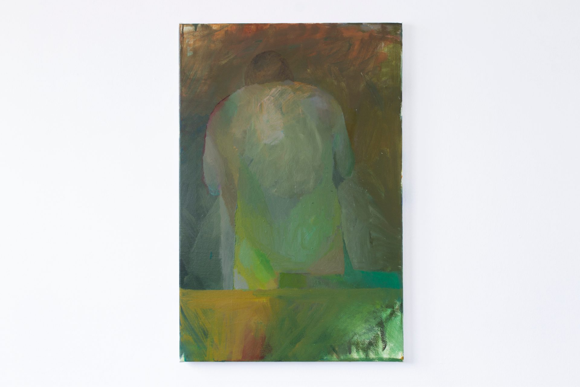 Vertical abstract painting of a person's back in greens and browns, centered on a white wall.