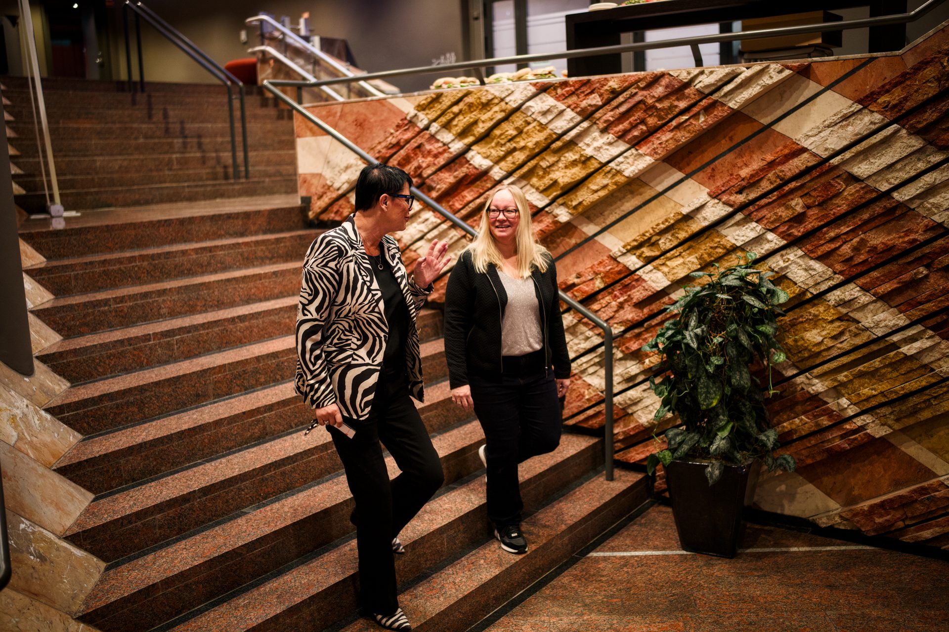Two women, one in a zebra jacket gesturing, walk down a staircase alongside a stone wall.