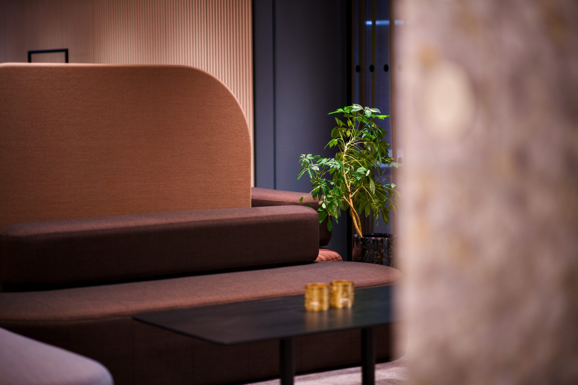 Curved brown sofa, green plant, and a table with golden candle holders in a modern lounge area.