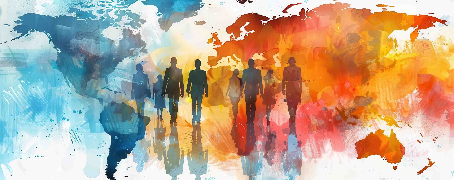 Silhouettes walk over an abstract, watercolor world map in blue and orange hues.