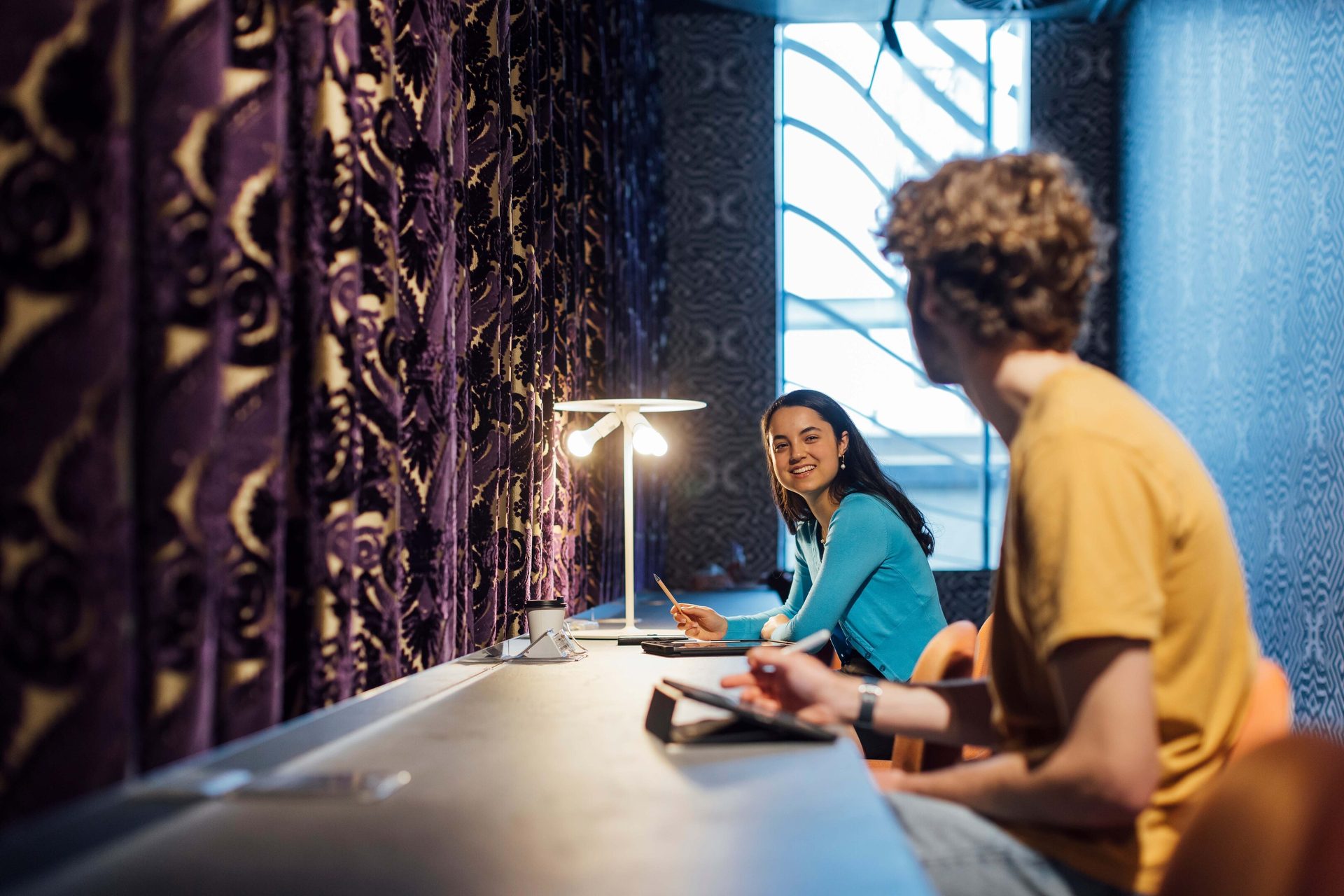 Interior design, Table, Purple, Lighting