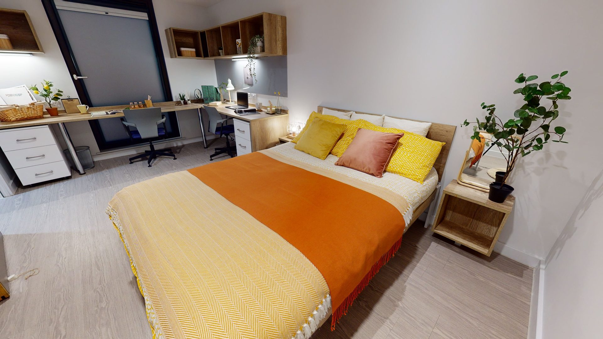 Bed frame, Furniture, Property, Comfort, Building, Table, Textile, Wood, Pillow, Orange