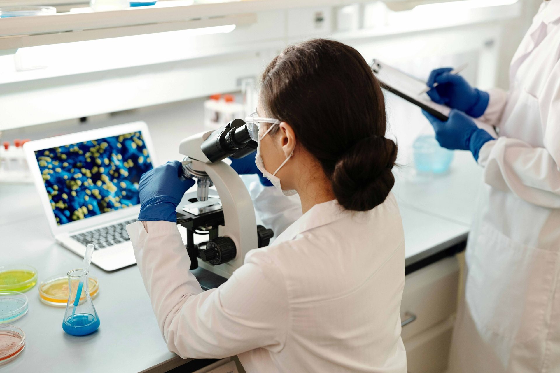 Optical instrument, White coat, Laboratory equipment, Research institute, Microscope, Scientist, Researcher