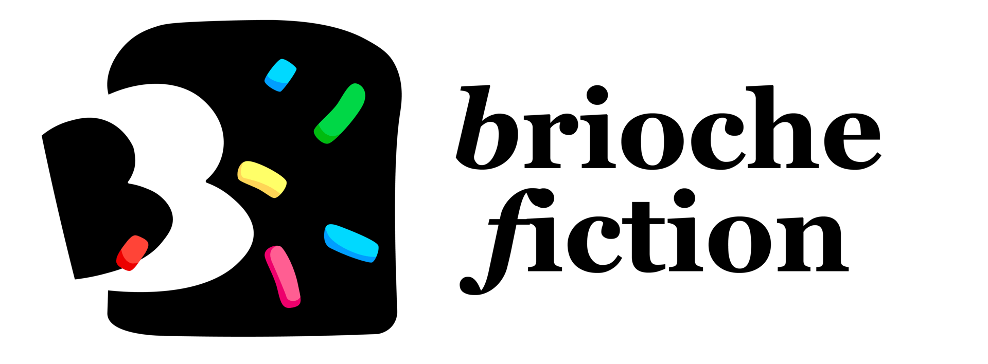 Black "B" logo with colorful sprinkles, beside "brioche fiction" text, all on a dark green background.