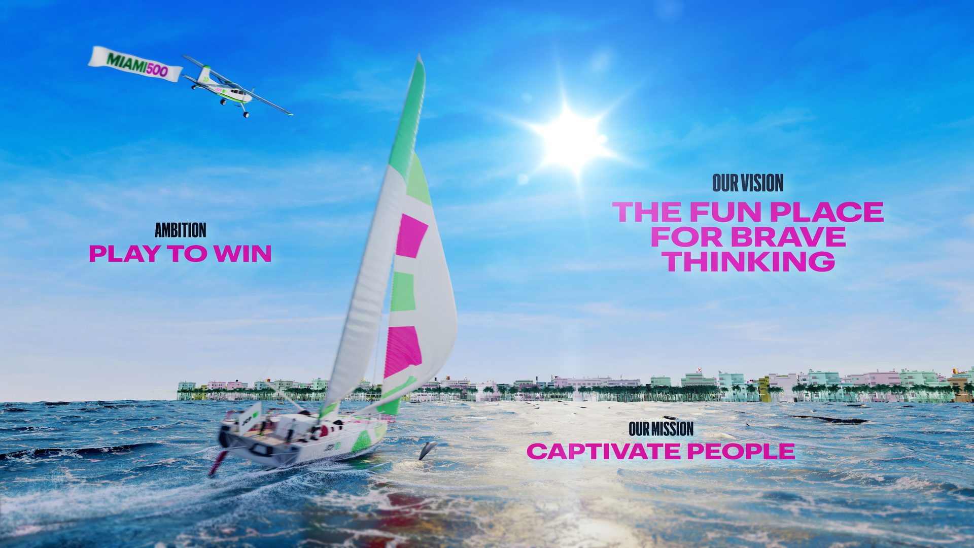 Sailboat & plane with "MIAMI500" banner. Text: "PLAY TO WIN", "BRAVE THINKING", "CAPTIVATE PEOPLE".