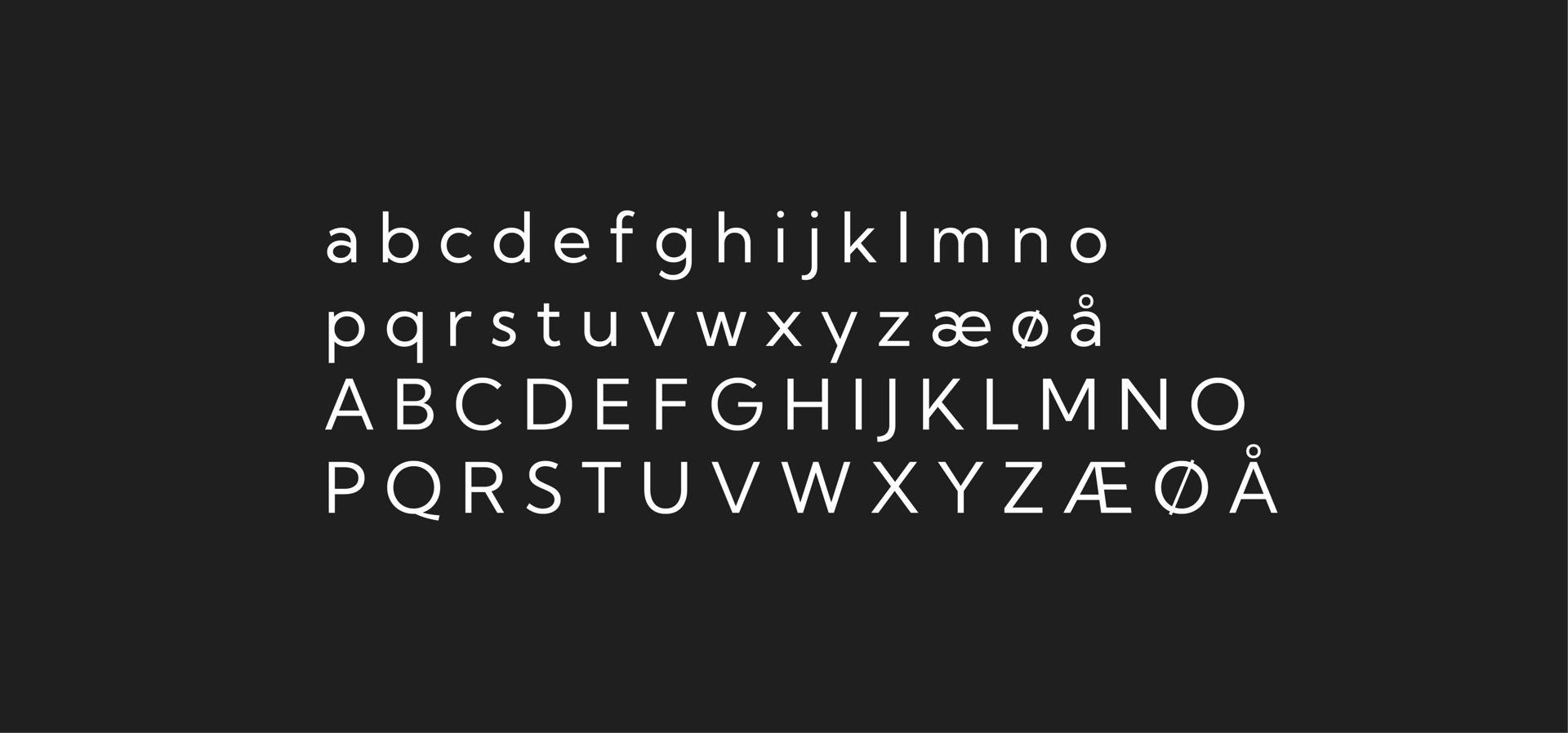 White Latin alphabet, lowercase and uppercase, including æ, ø, and å, on a dark background.