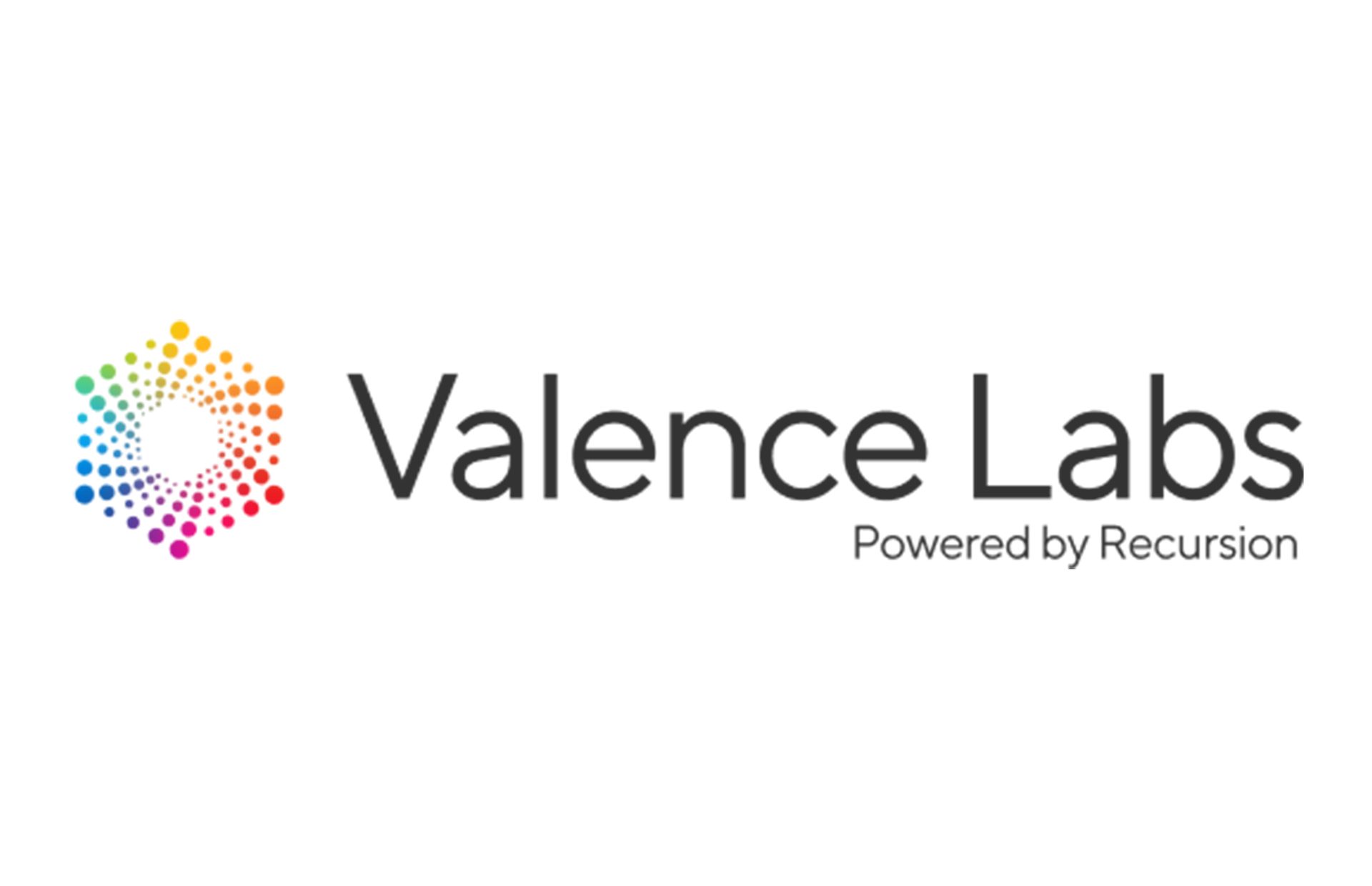 Logo: Colorful hexagonal dot pattern for Valence Labs, Powered by Recursion.