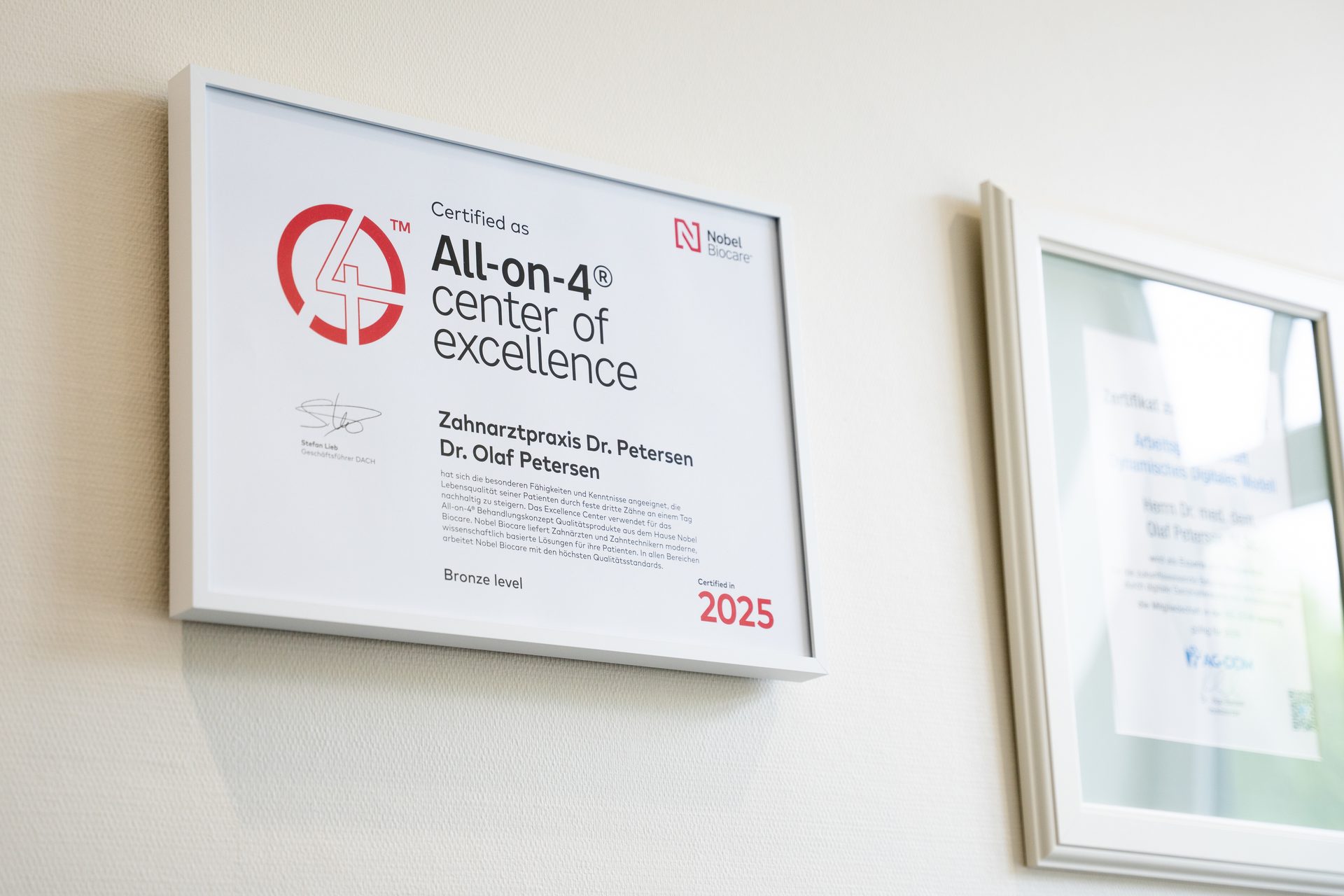 All-on-4® center of excellence certificate for Dr. Olaf Petersen's dental practice, certified in 2025.