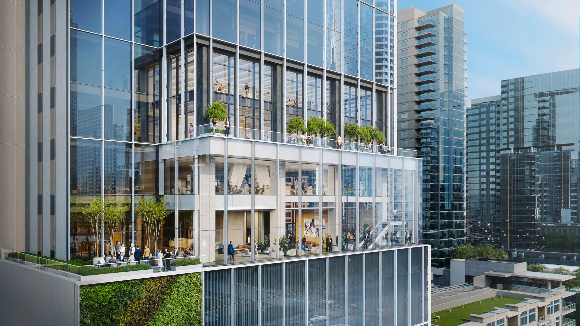 Modern glass skyscraper with multiple levels, balconies with people, and green walls in a vibrant city environment.