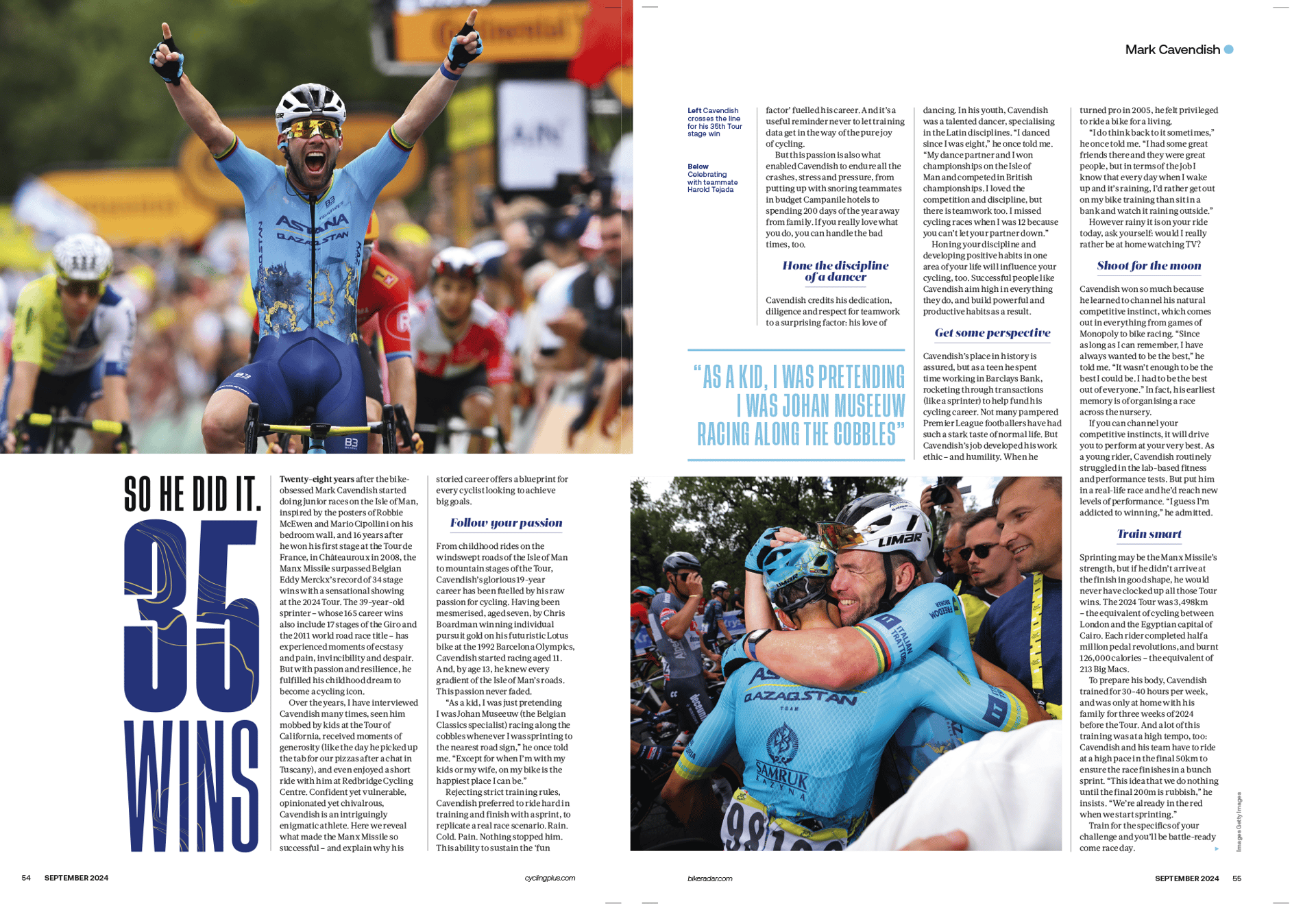 Mark Cavendish celebrating a cycling win, hugging teammate, and "35 WINS" text.