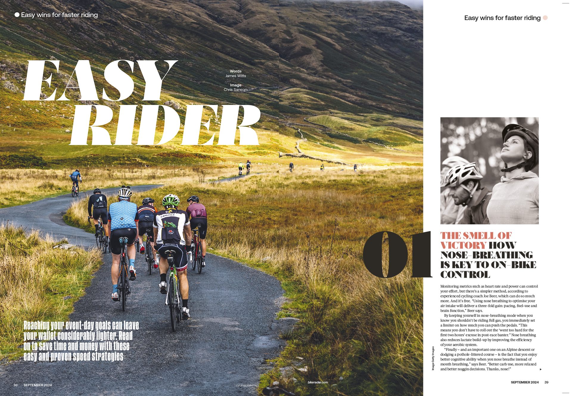 A group of cyclists rides a winding road through green mountains, with "EASY RIDER" title.