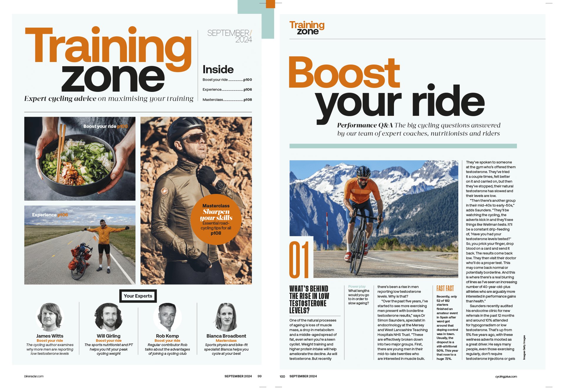 "Training Zone" magazine spread: expert cycling advice on training, nutrition, and performance.