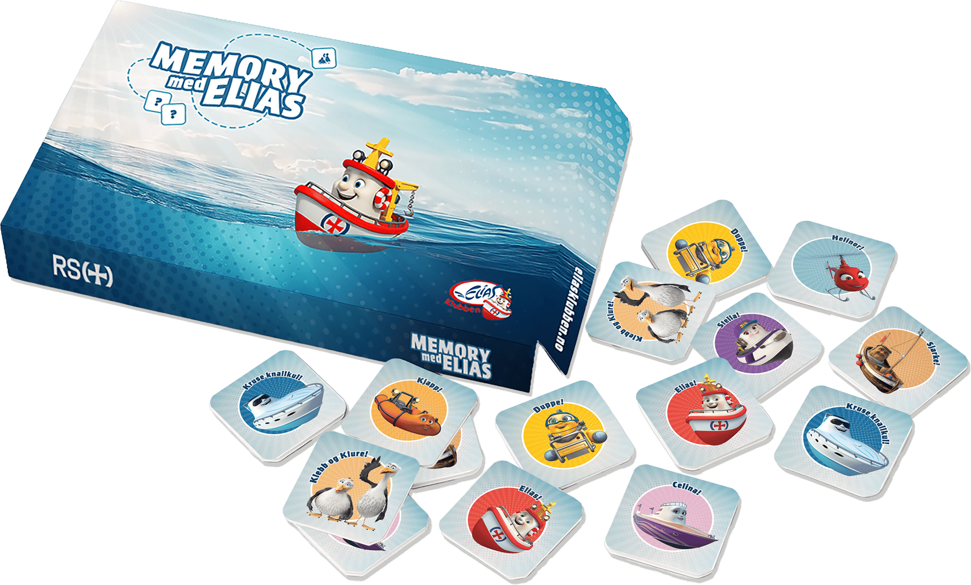 "Memory med Elias" board game box and scattered game pieces featuring animated boats and birds.