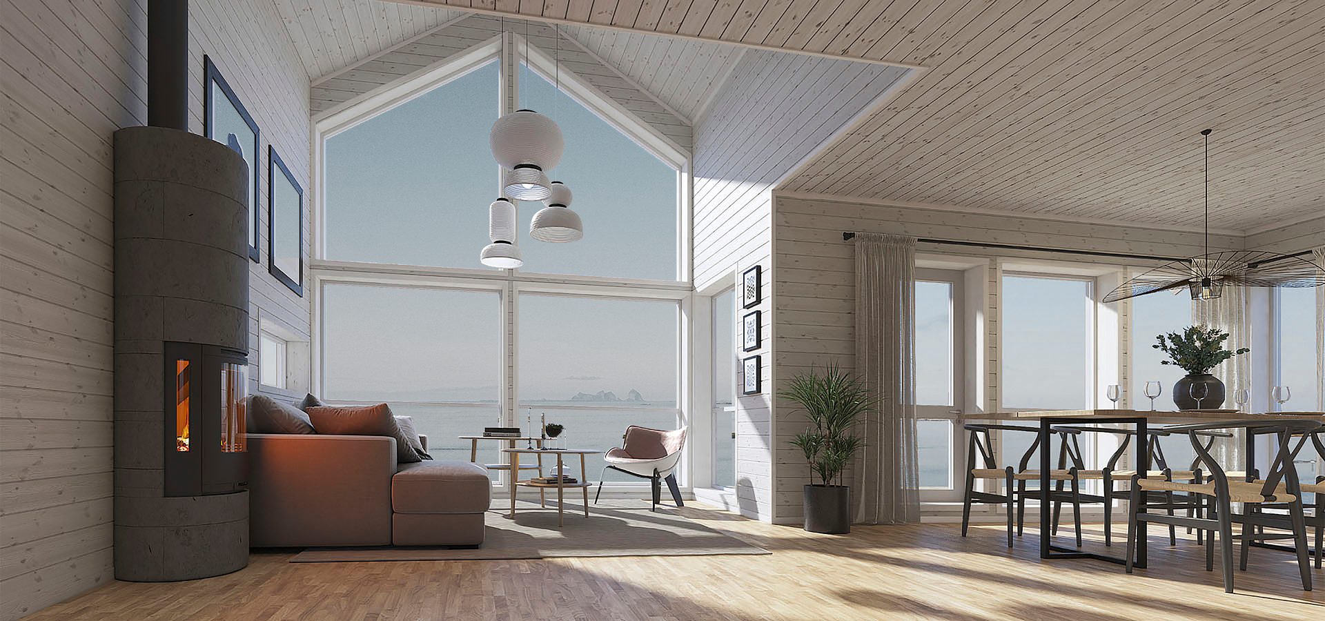 Modern living/dining room with ocean view, wood paneling, fireplace.