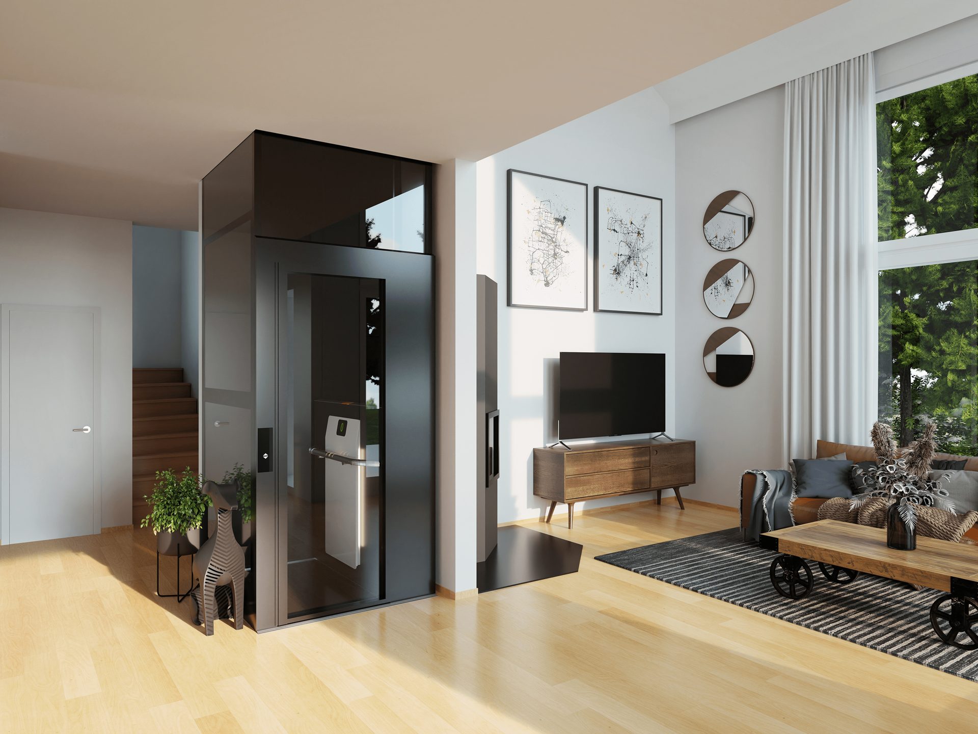 Interior design, Living room, Plant, Furniture, Wood, Hall, Flooring, Floor, Comfort, Grey