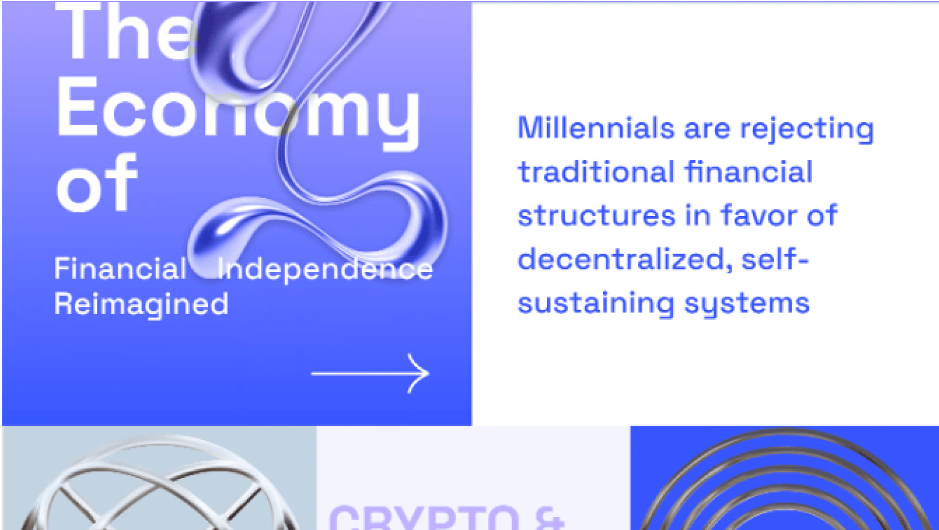 Graphic: "The Economy of Financial Independence Reimagined" with text on millennials and decentralized finance.
