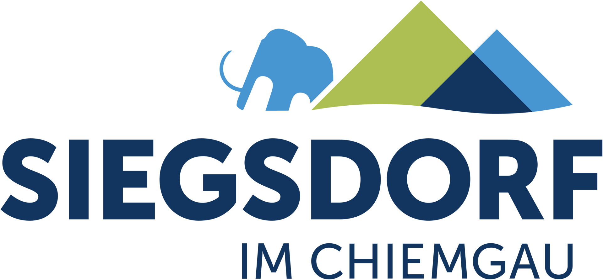Logo for Siegsdorf im Chiemgau, featuring an elephant and mountain peaks.
