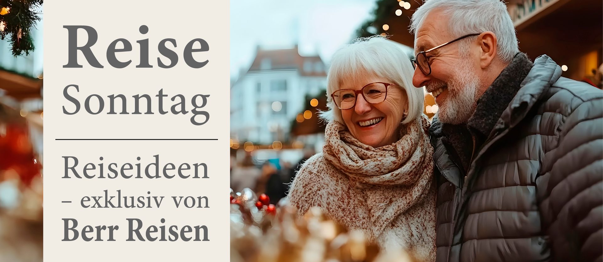 Happy older couple laughing. Text: 'Reise Sonntag', 'Reiseideen – exklusiv von Berr Reisen'.