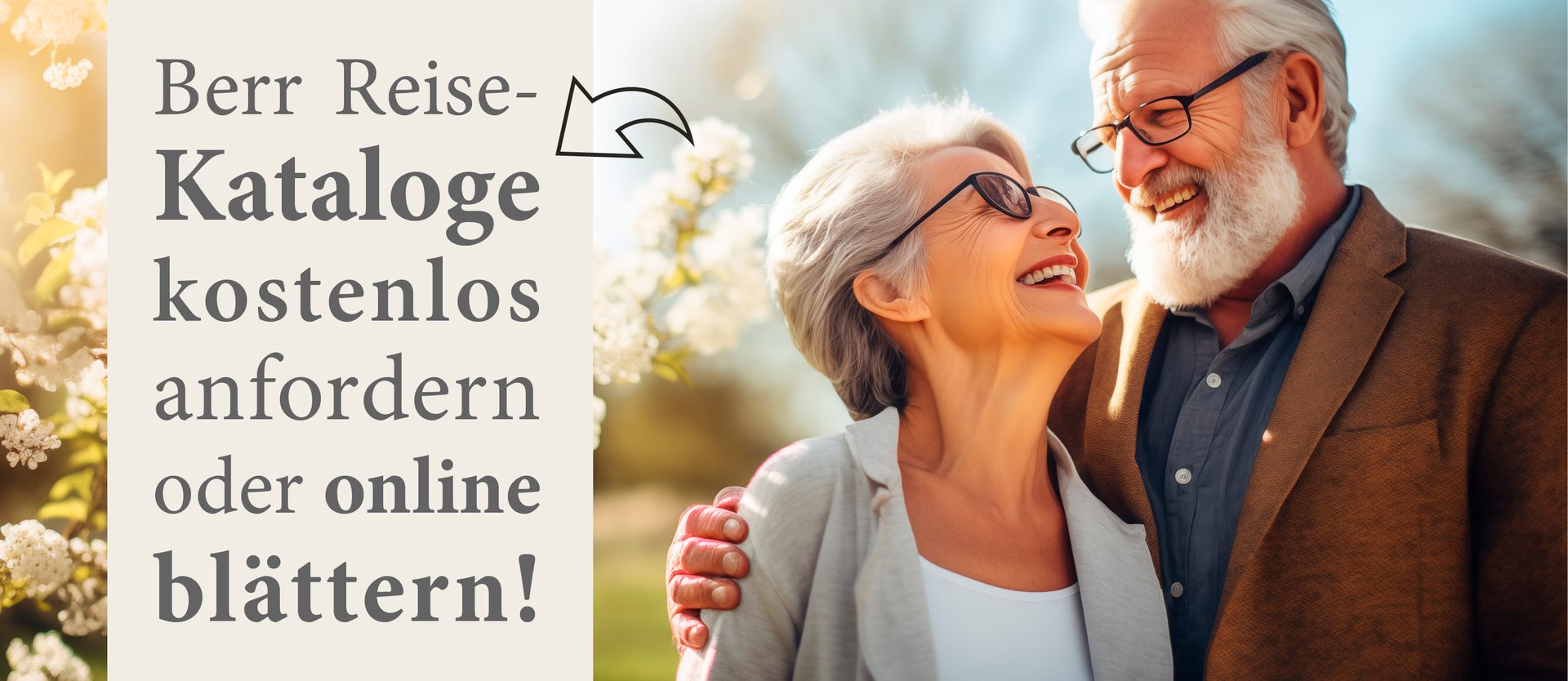 Berr Travel Catalogs ad: Text prompts free catalog request or online browsing, alongside a happy senior couple.