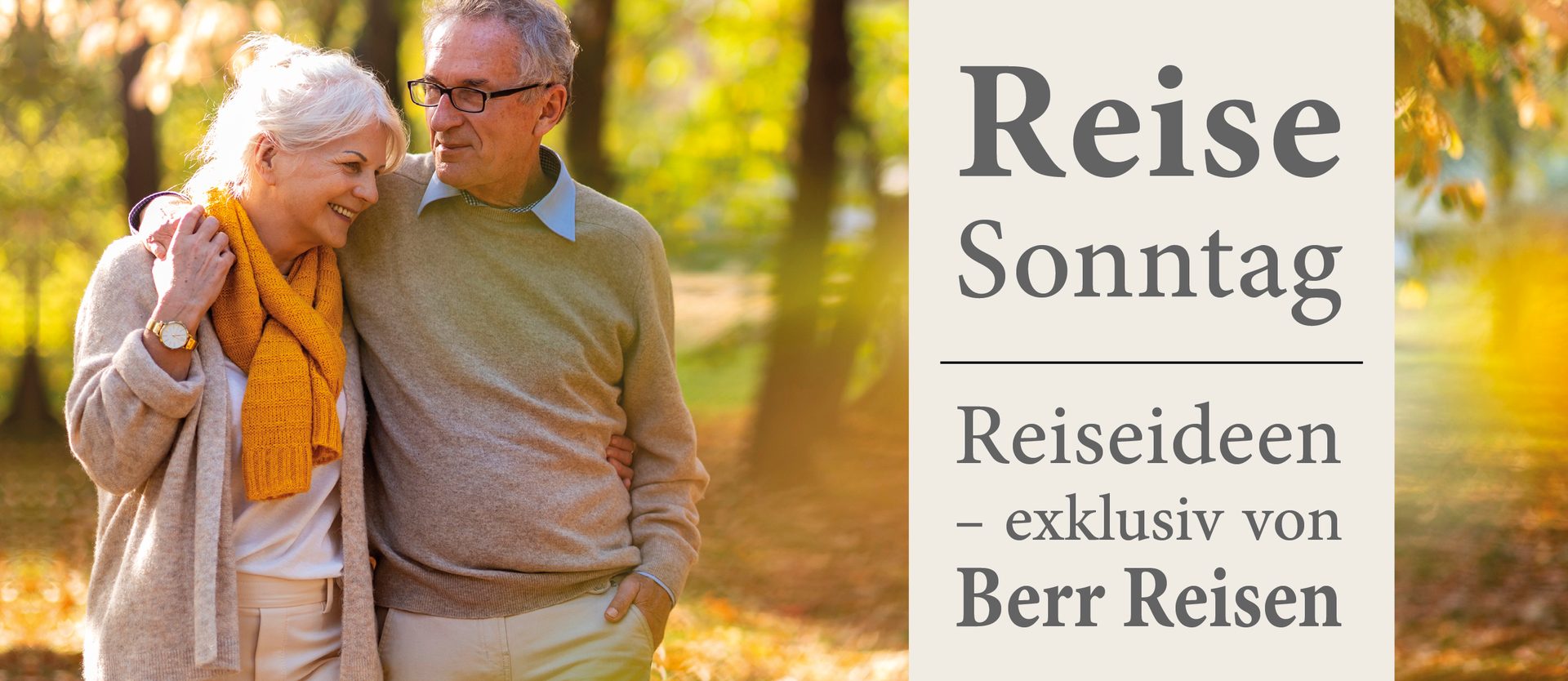 Elderly couple walking arm-in-arm in an autumn park, next to German text about travel ideas.