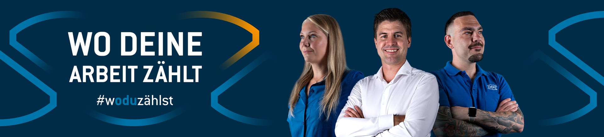 Three professionals and German text 'Where Your Work Counts' and '#whereyoucount' on a dark blue background.