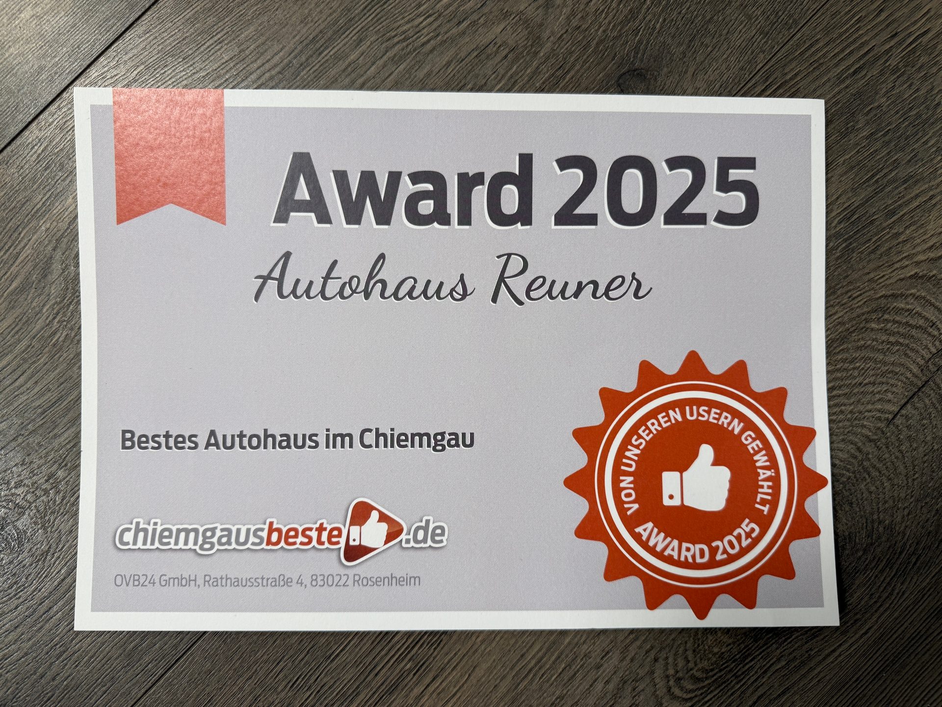 Award certificate: Autohaus Reuner, "Best Car Dealership in Chiemgau," Award 2025.