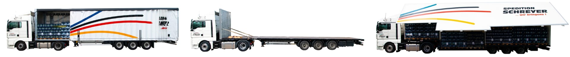 Multiple views of white semi-trucks with curtain-side and flatbed trailers, loaded and empty.