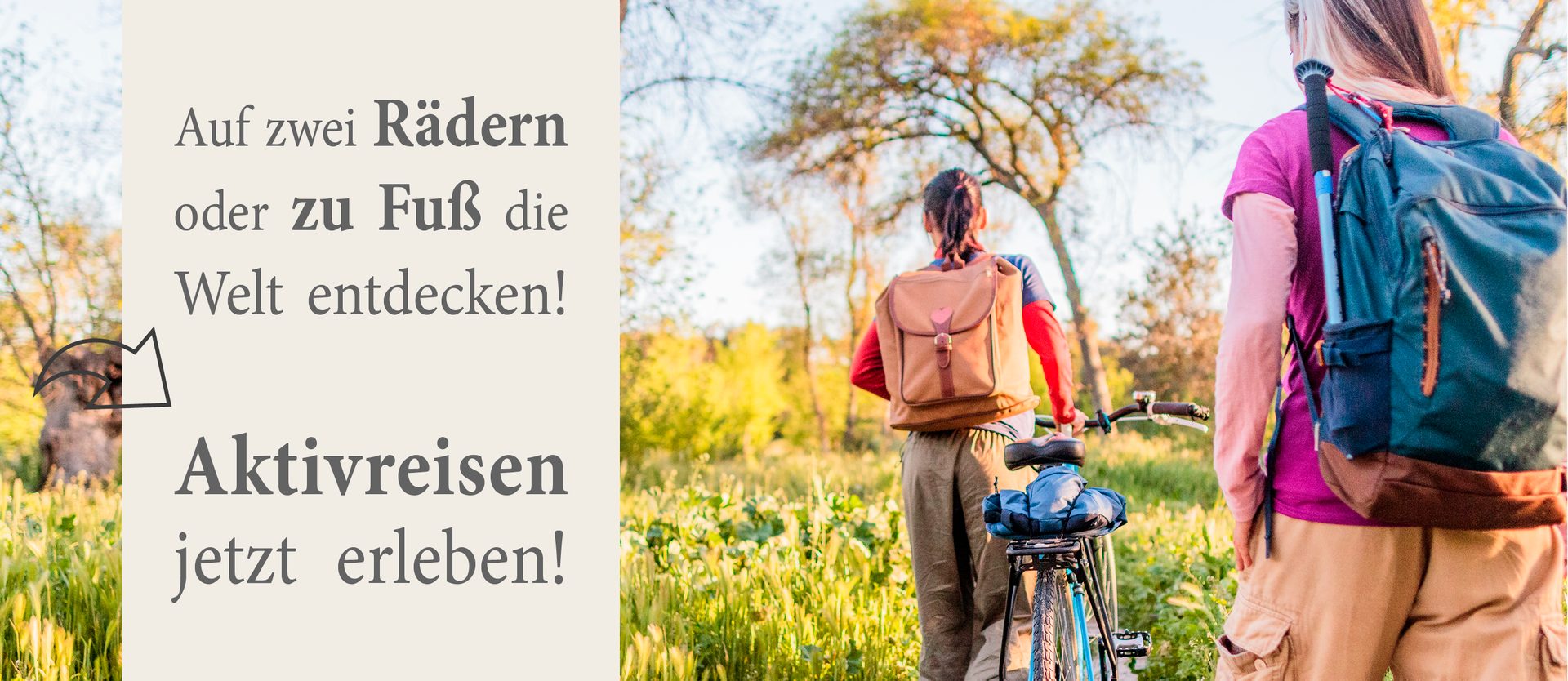 Two travelers, one with a bike, in nature with text about active trips.