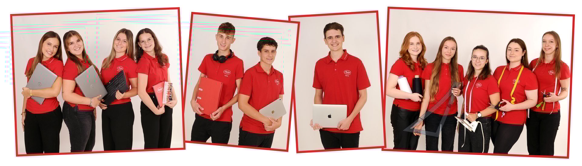 Group photos of smiling young people in red polo shirts holding laptops, books, and crafting tools.