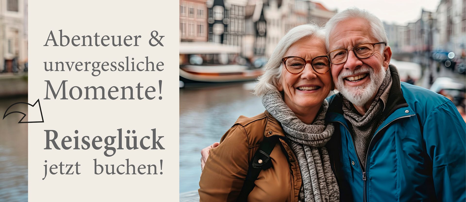 Two happy elderly tourists in Amsterdam, with German text advertising travel adventures and booking.