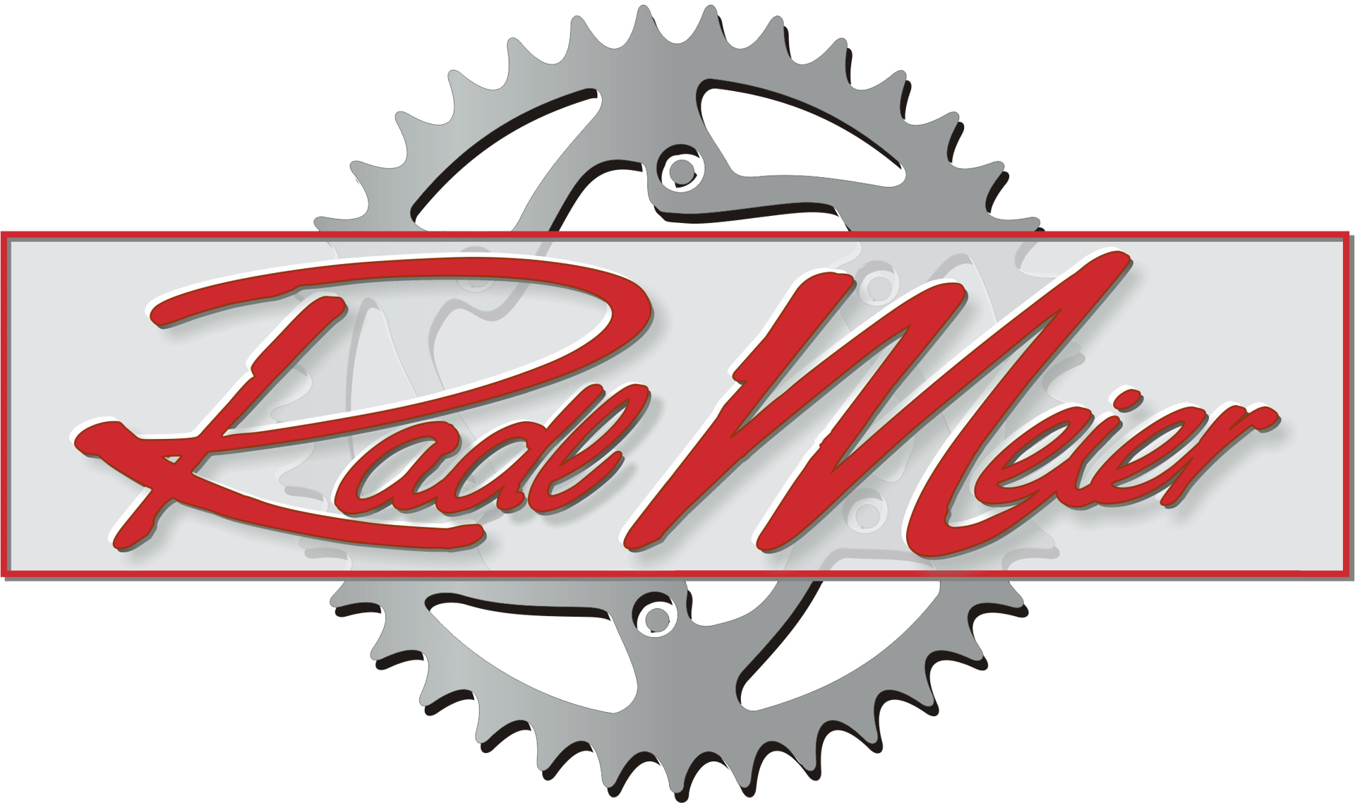 Logo for Rade Meier, featuring stylized red text over a grey banner, with a large silver gear behind it.