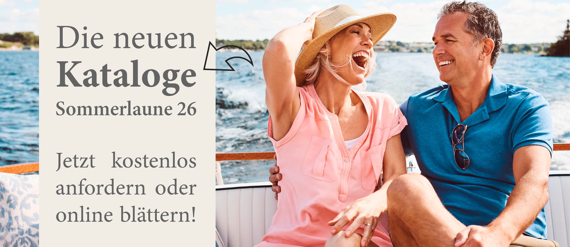 Happy couple on boat with German ad: "New Sommerlaune 26 catalogs. Request free or browse online!"