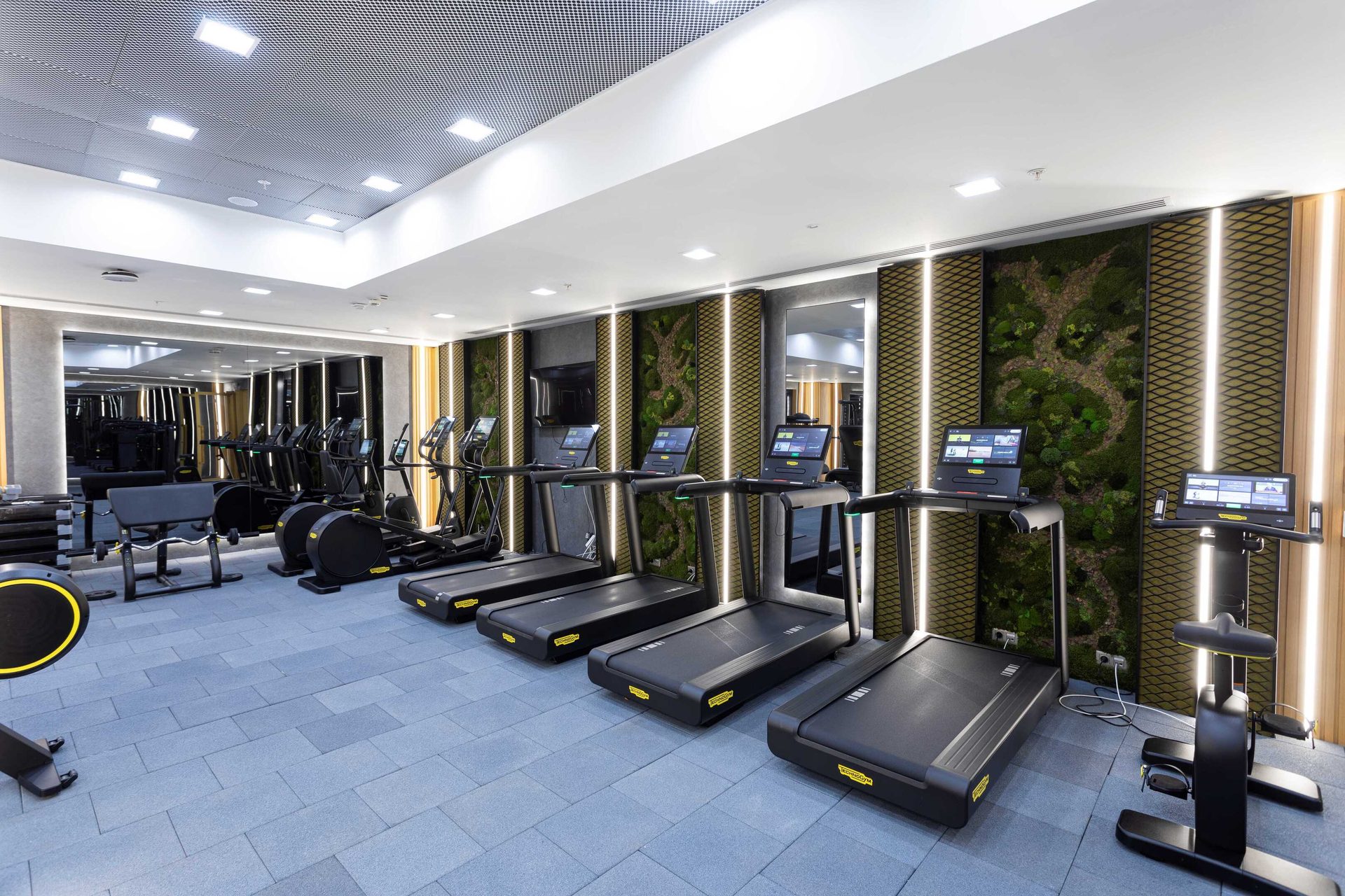 Exercise equipment, Interior design, Gym, Flooring, Floor, Ceiling, Room