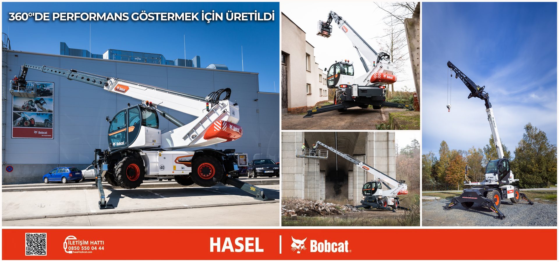 Collage of Bobcat rotary telehandlers in various work settings, emphasizing 360-degree performance.