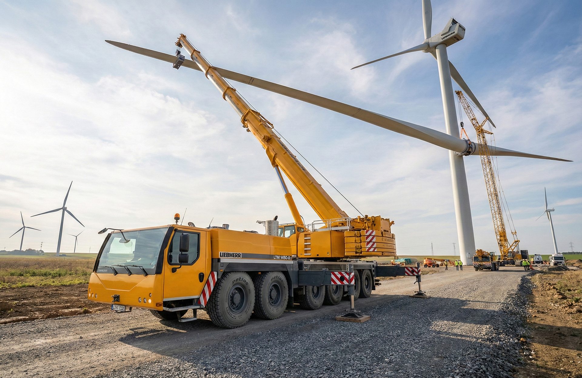 Liebherr mobile crane lifts a wind turbine blade for installation in a wind farm.