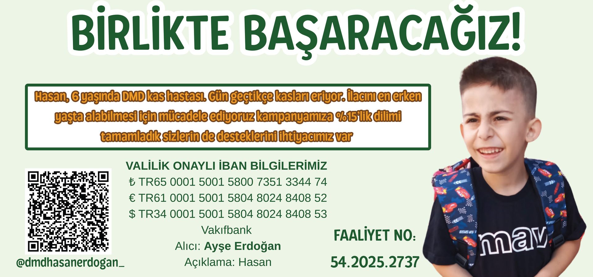 Fundraising poster for Hasan, a 6-year-old with DMD, featuring his photo and donation details.