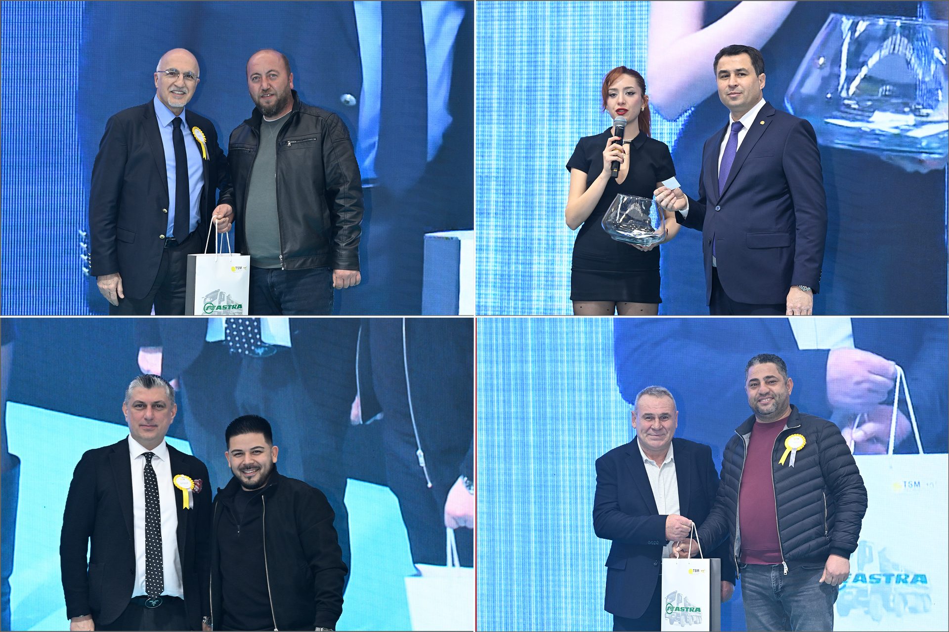 Four panels show men receiving awards or recognition at an event; one panel includes a woman presenter.