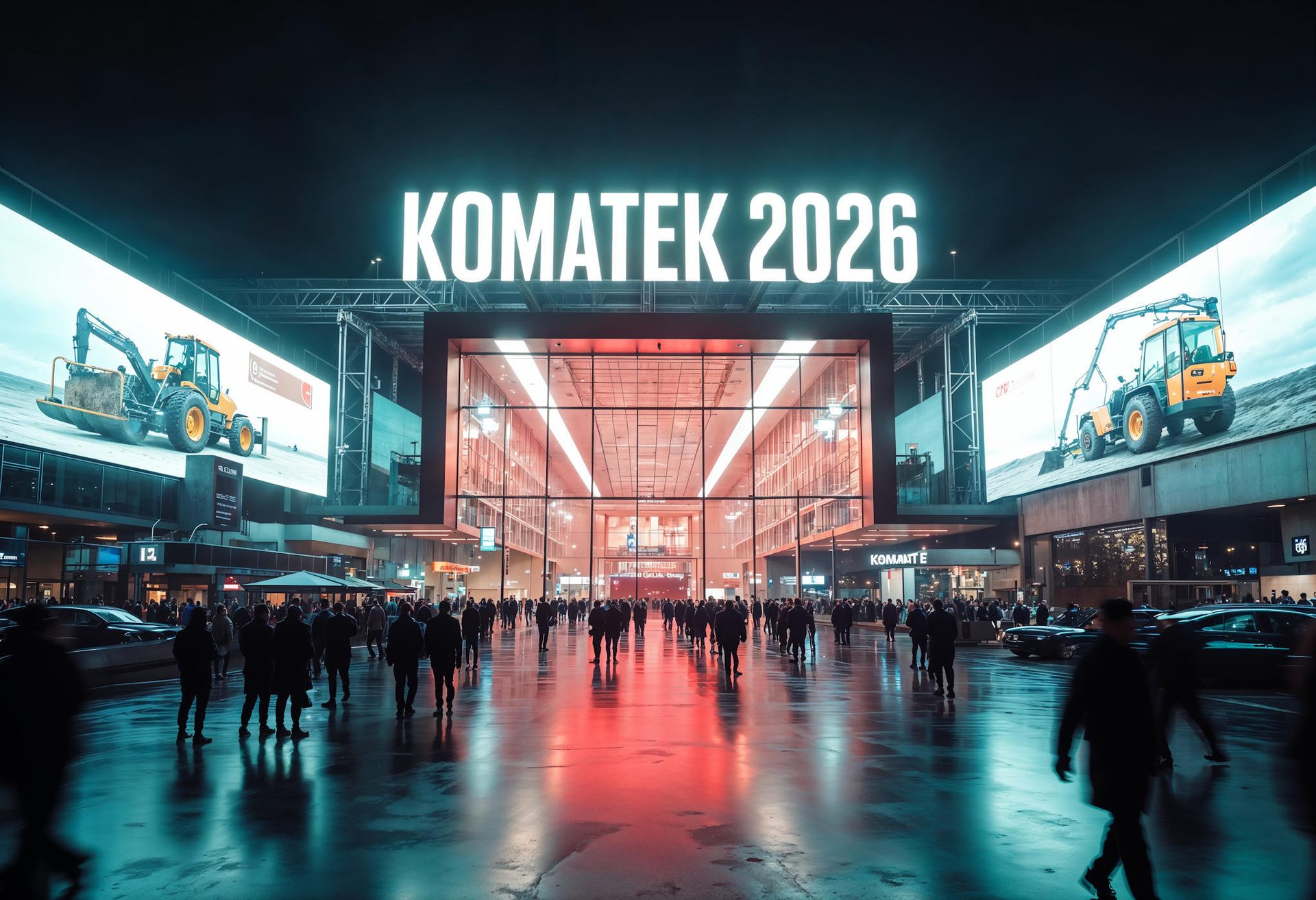 Night view of a building with a "KOMATEK 2026" sign, construction vehicles on screens, and a crowd.