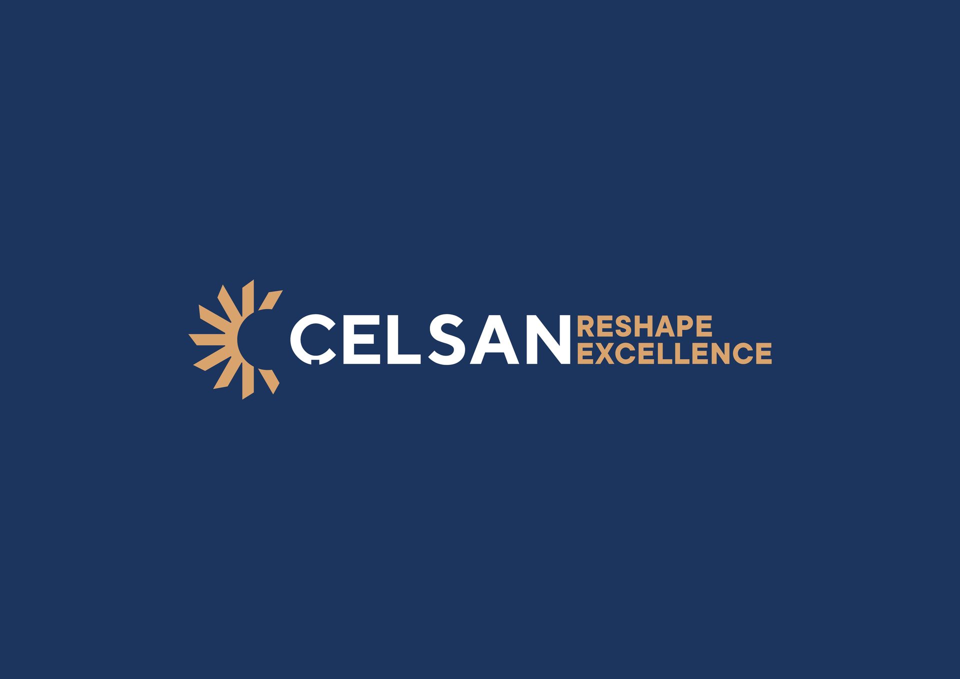 CELSAN logo: gold sunburst icon, white 'CELSAN' text, and gold 'RESHAPE EXCELLENCE' slogan on blue.