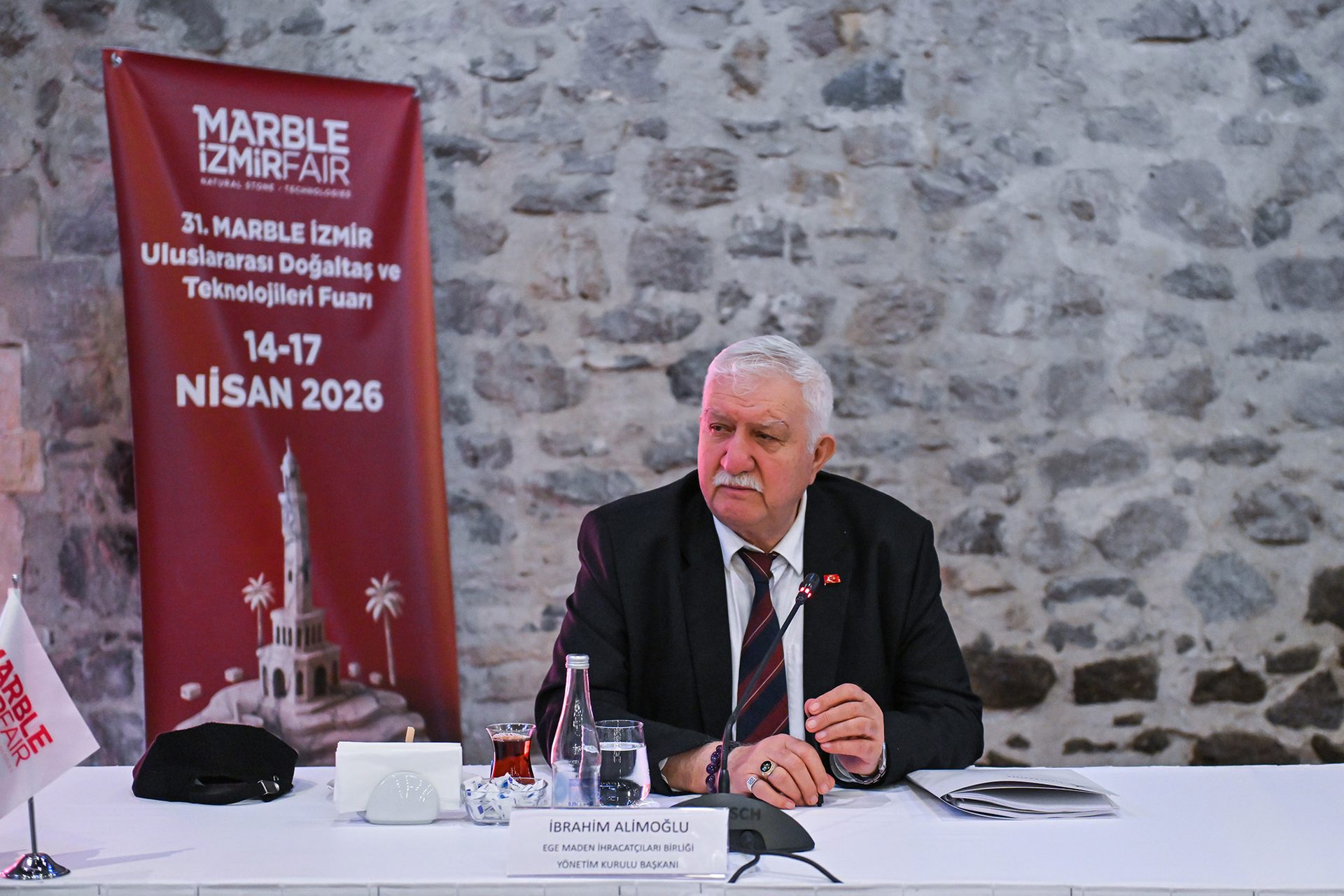Ibrahim Alimoglu, President of Aegean Mining Exporters' Association, at the Marble Izmir Fair event.