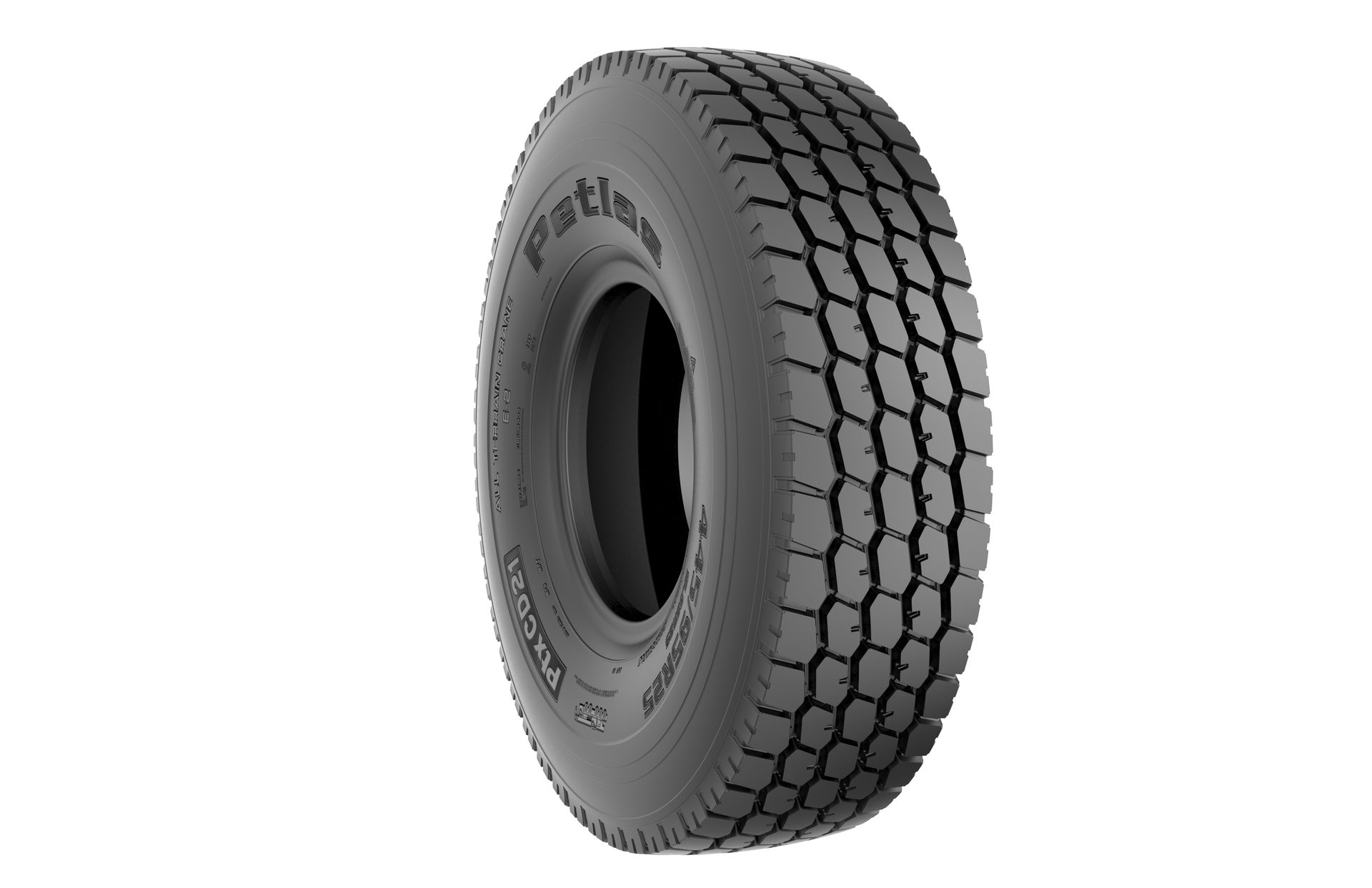 A dark gray Petlas PTX CD21 truck tire with a distinct hexagonal tread pattern, presented on a white background.