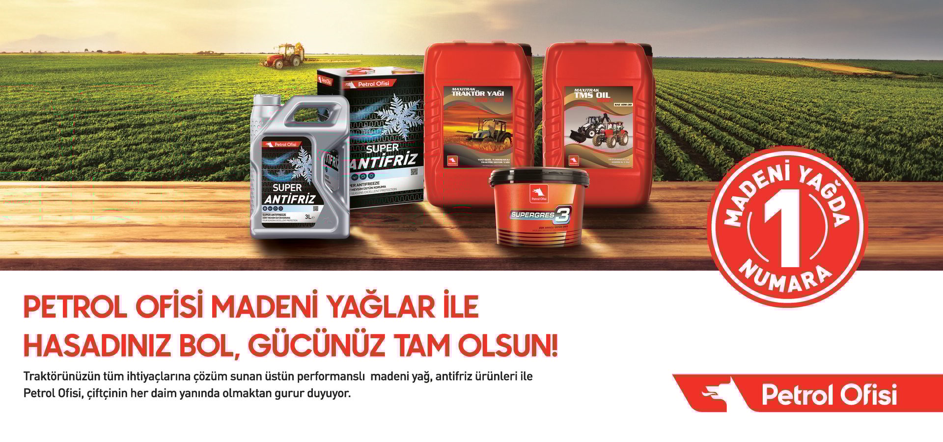 Petrol Ofisi agricultural oils & antifreeze products on a farm table, with 'No. 1 in Mineral Oil' badge.