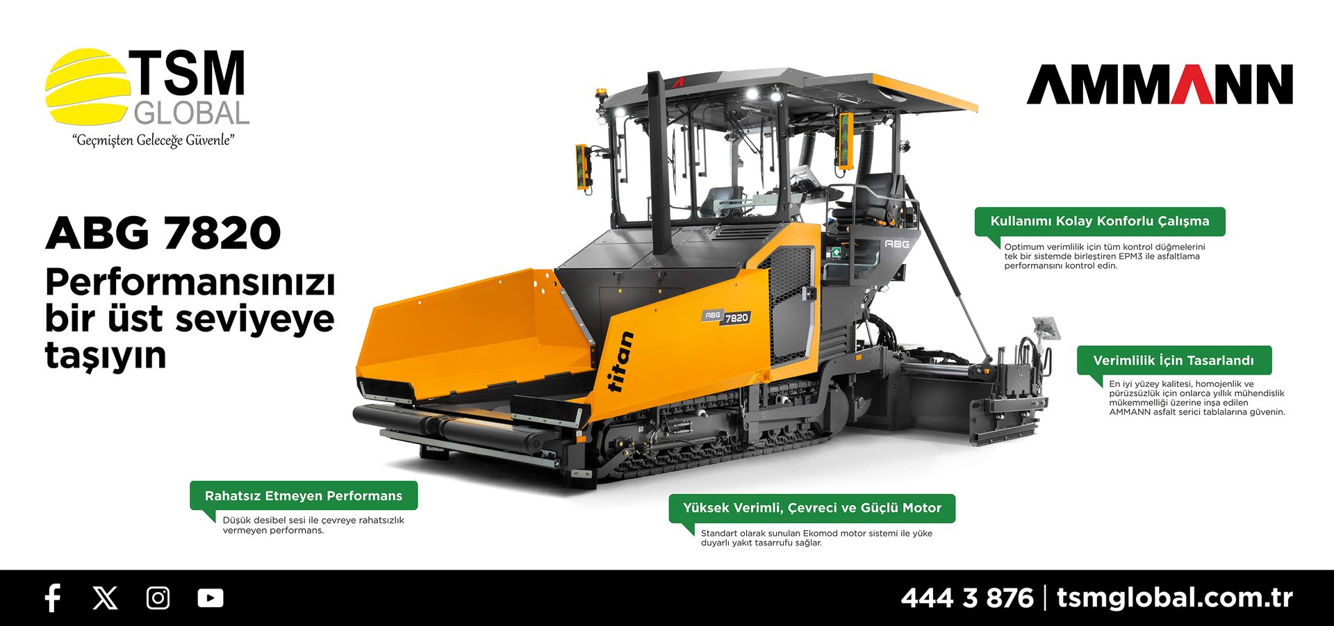 Yellow AMMANN ABG 7820 asphalt paver, promoting performance, efficiency, and comfort.