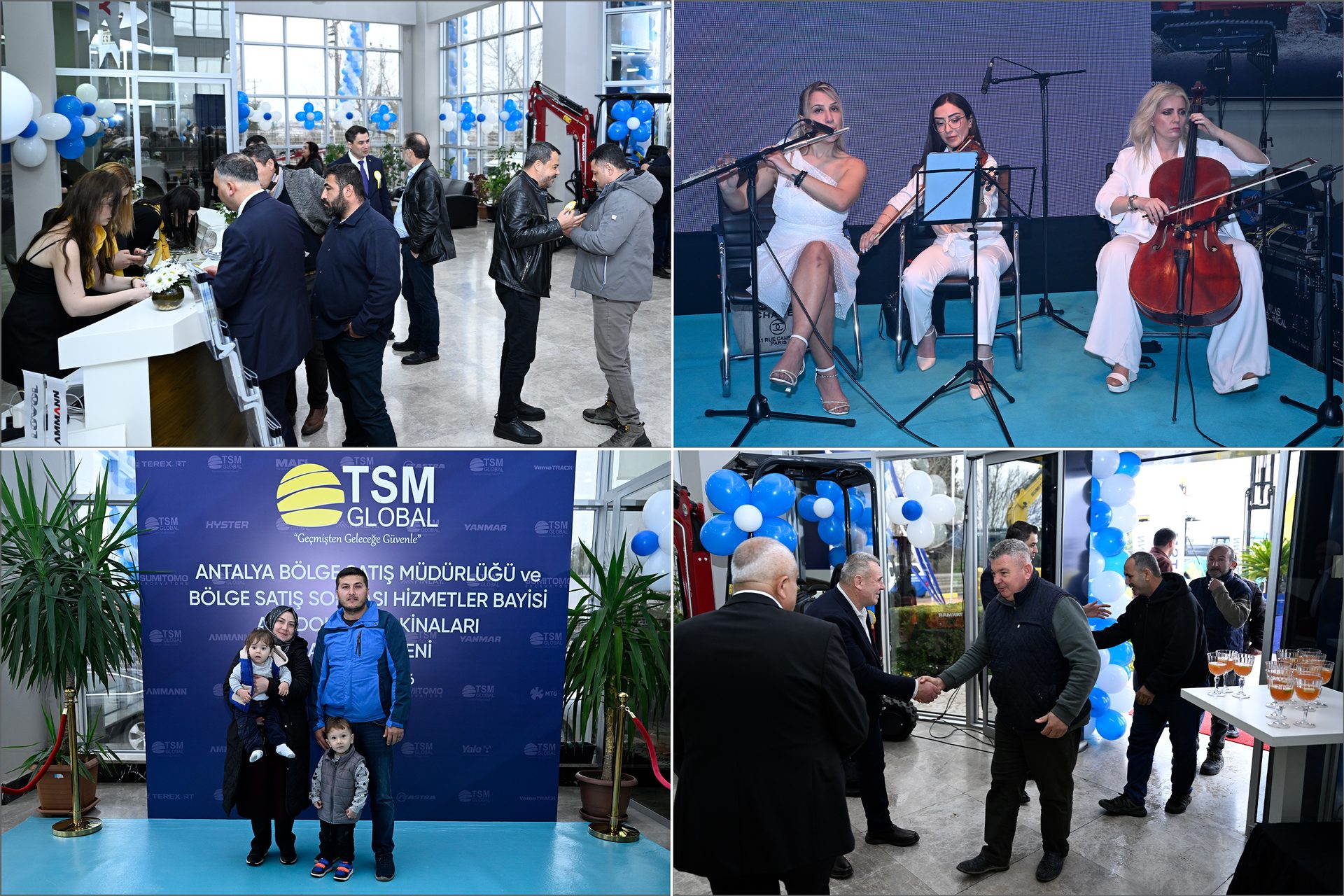 Collage of TSM Global event: reception, live music, a family, and guests networking.