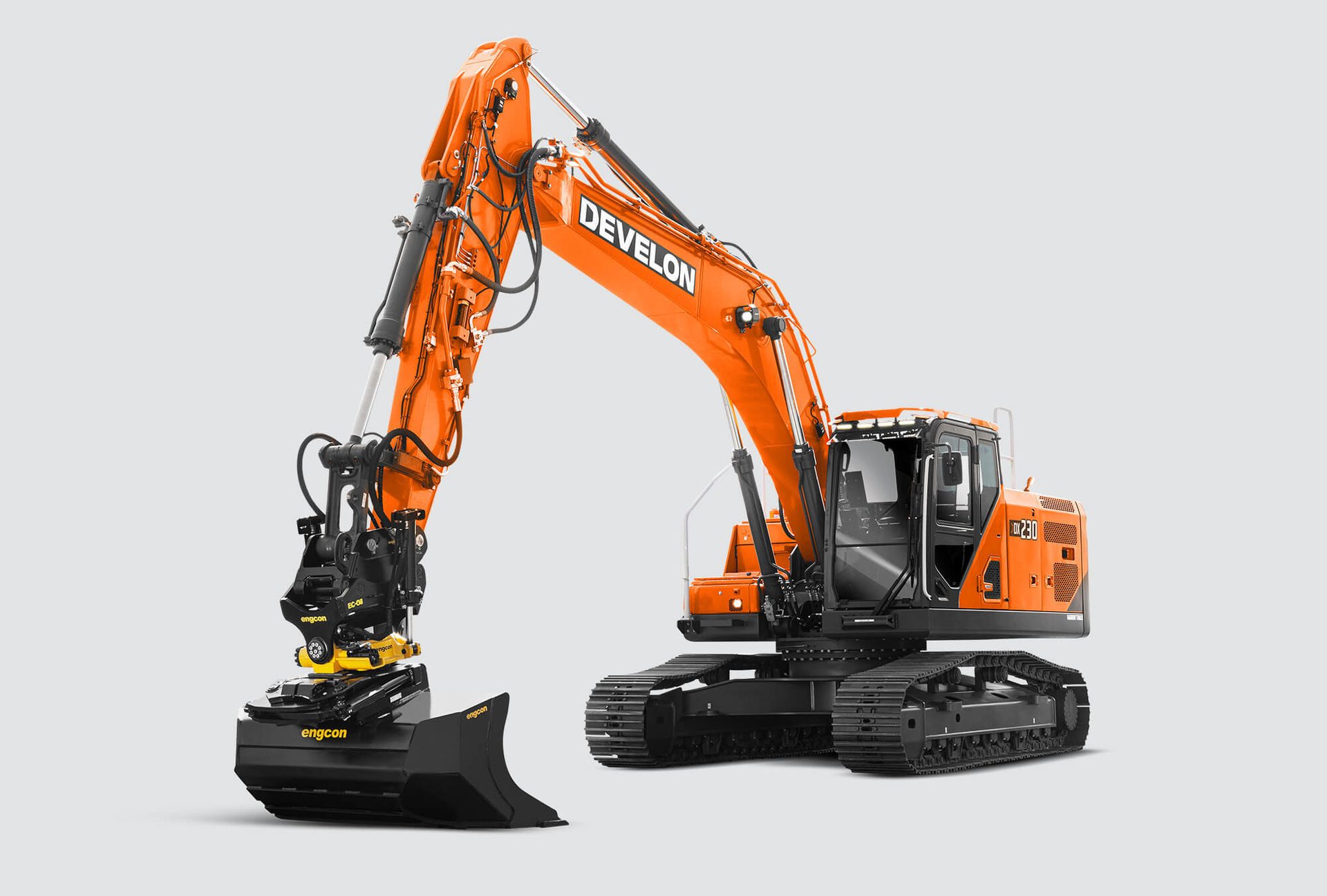 Orange DEVELON DX230 excavator with Engcon tiltrotator and bucket.