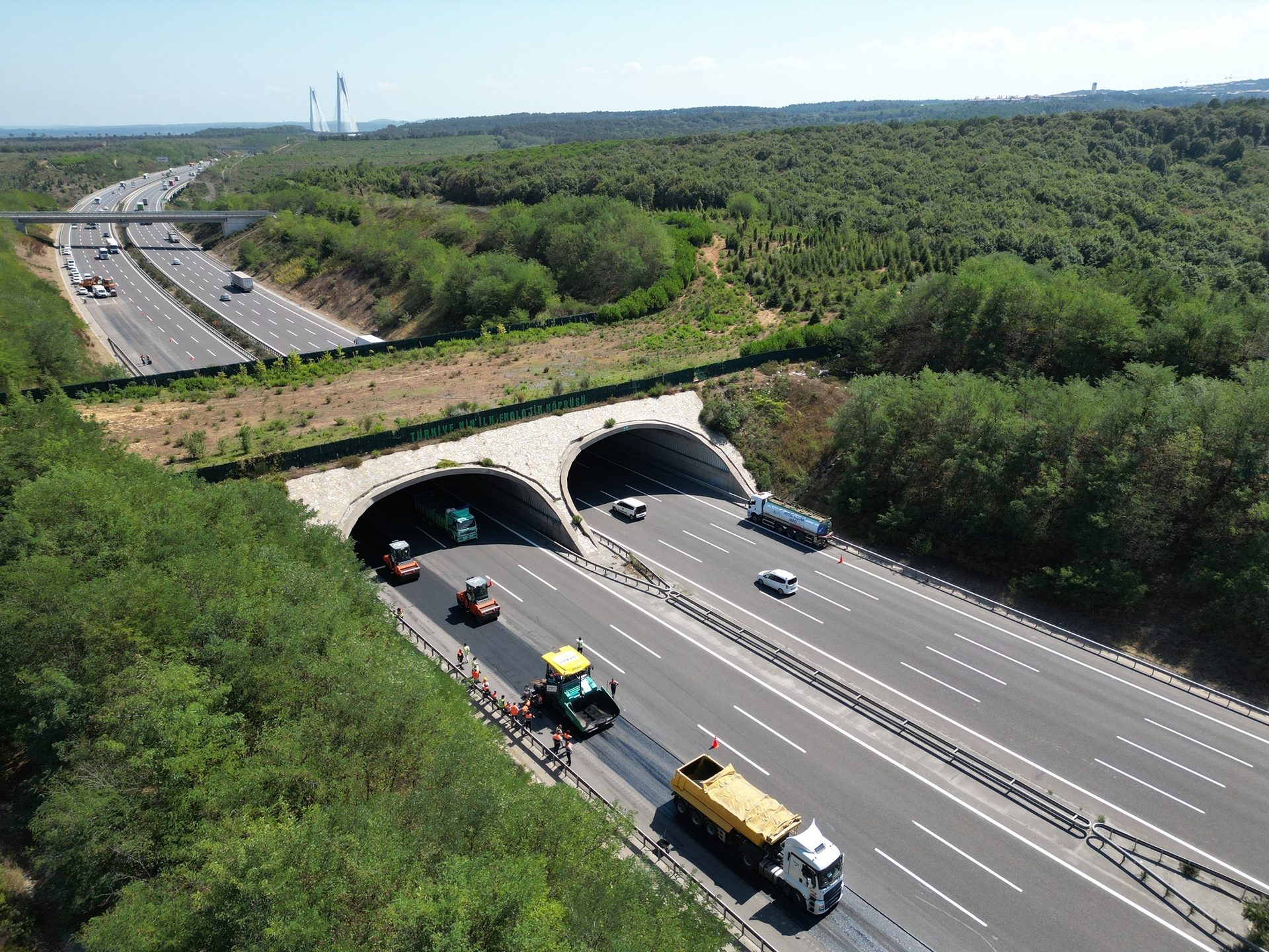Aerial view of highway construction with a paver, rollers, and workers, two wildlife crossing tunnels, and dense forest.