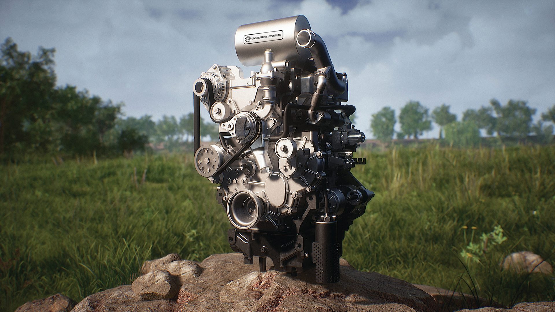 Detailed silver "ECAPRA ENGINE" on a rock in a grassy field with trees and cloudy sky.