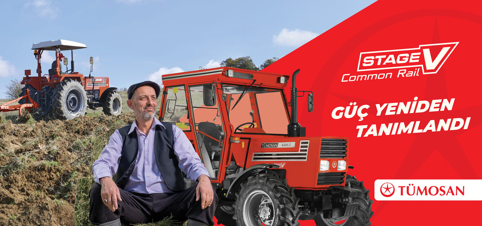 Smiling farmer with red TÜMOSAN tractors in a field. Ad text: "Power Redefined" and "Stage V Common Rail."