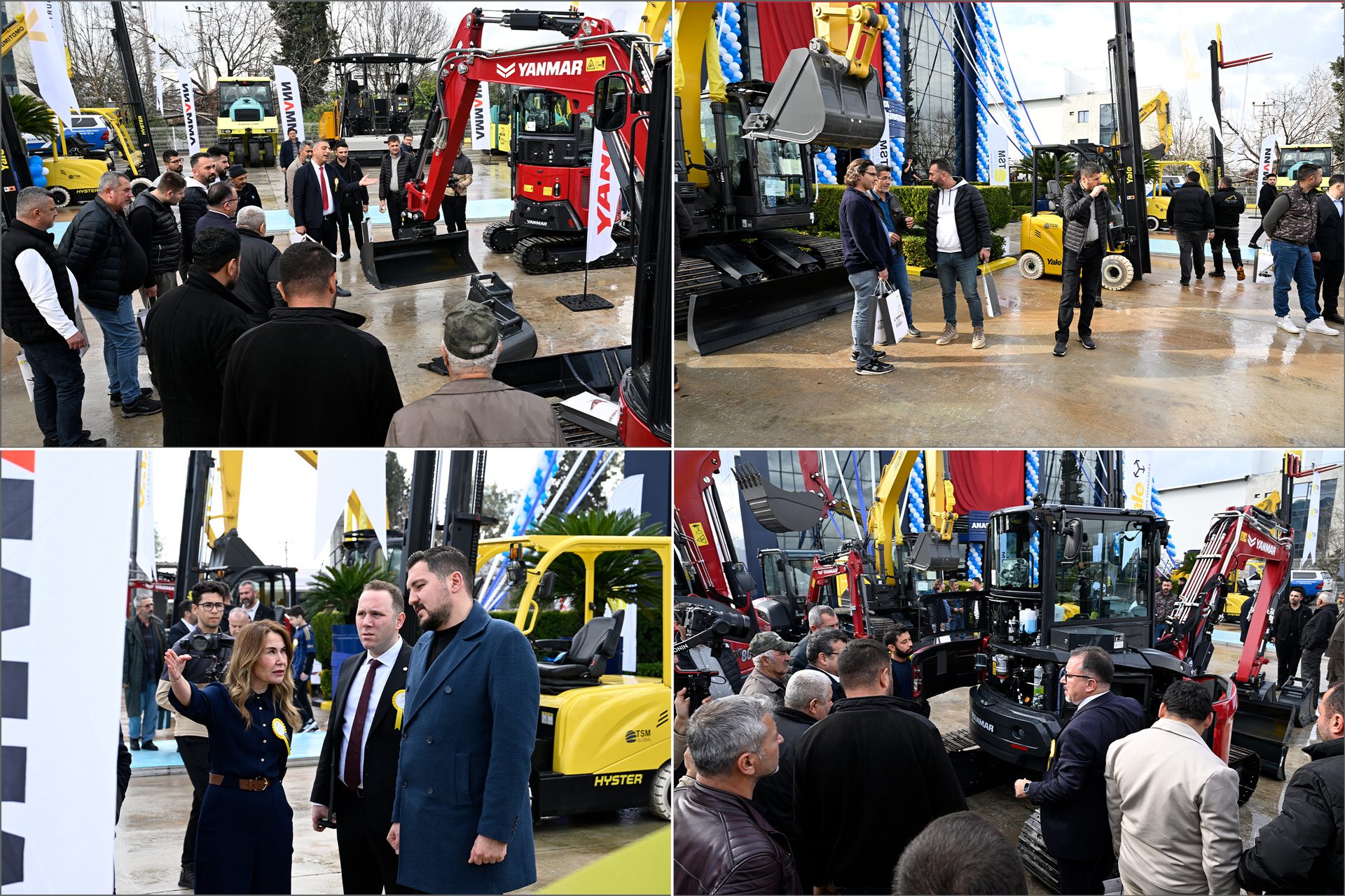 People attending an outdoor exhibition, inspecting various construction machinery like excavators and forklifts.