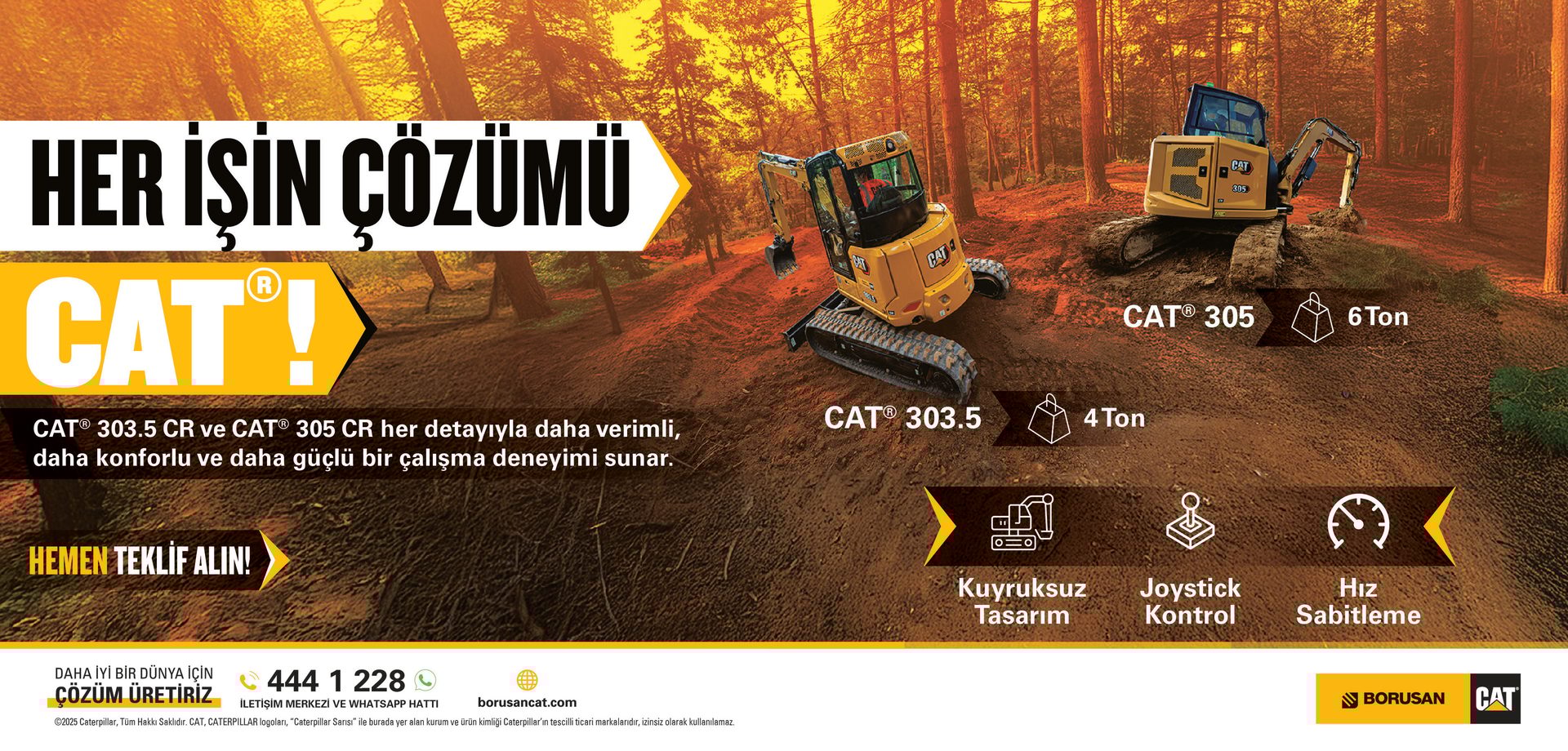 Two Cat excavators (303.5 CR, 305 CR) in a forest, highlighting features and contact info.